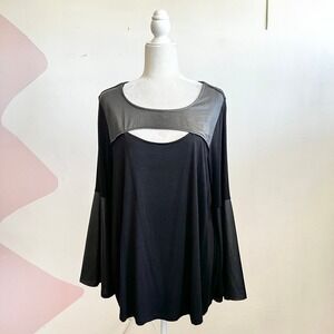 Black Faux Leather Bell Sleeve Top Gothic Witchy Whimsigoth Vampire Edgy 2X
